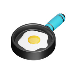 3d frying pan with blue handle cooking fried egg
