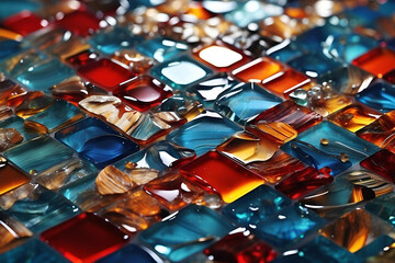 Glass mosaic. Composition of multicolored shapes and fragments on the subject of art