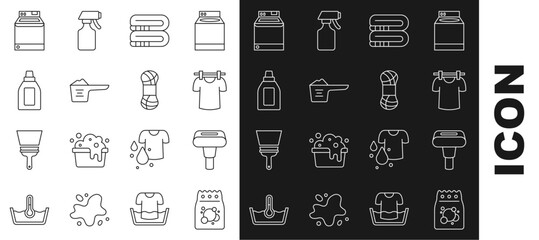 Set line Laundry detergent, Garment steamer, Drying clothes, Towel stack, Washing powder, Bottle for cleaning agent, Washer and Yarn icon. Vector
