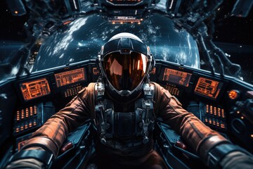 Astronaut in spacecraft cockpit controlling mission - obrazy, fototapety, plakaty