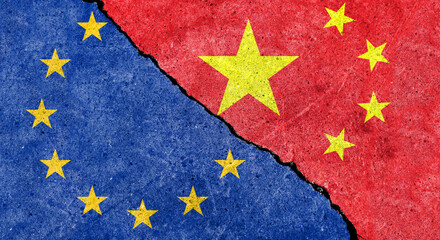 The Chinese and EU flags once again feature a crackled pattern combination. Concept map depicting global gateway competition under the Belt and Road Initiative. Used for background or texture. - obrazy, fototapety, plakaty