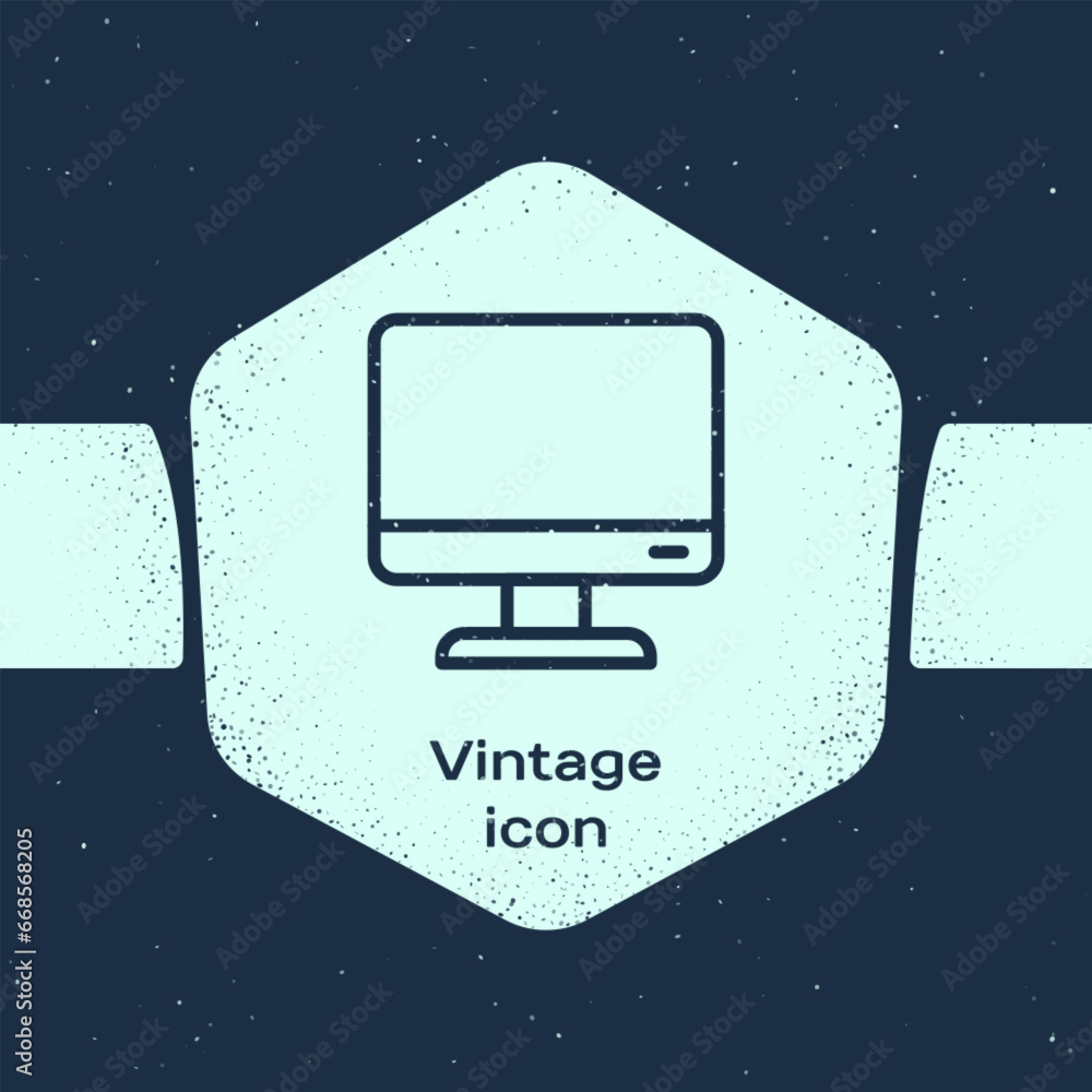 Poster grunge line computer monitor screen icon isolated on blue background. electronic device. front view.