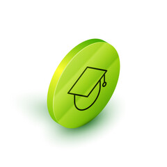 Isometric line Graduation cap on globe icon isolated on white background. World education symbol. Online learning or e-learning concept. Green circle button. Vector Illustration