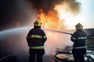 professional firemen on duty extinguish fire danger - obrazy, fototapety, plakaty
