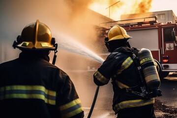 firefighter on duty to battle burning inferno - obrazy, fototapety, plakaty