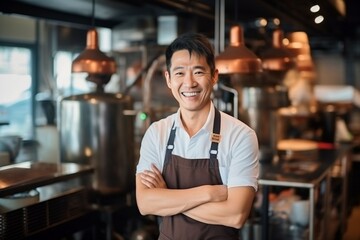 Confident asian men cafe owner standing at his coffee roastery - obrazy, fototapety, plakaty