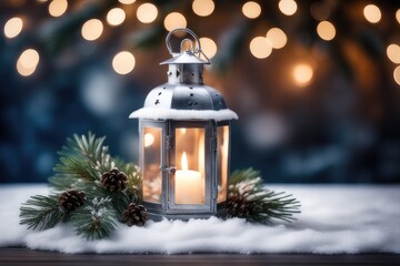 christmas lantern with candle and christmas tree