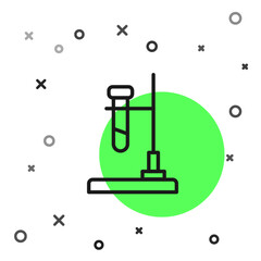 Black line Glass test tube flask on fire heater experiment icon isolated on white background. Laboratory equipment. Vector