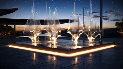 A contemporary water feature with synchronized jets and LED lighting.