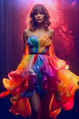 Woman in multicolored dress poses on color background.