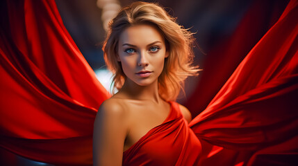 Woman in red dress is posing for picture with red cloth.