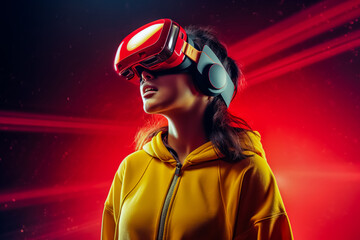Young woman in yellow shirt wearing red virtual reality goggles. - Powered by Adobe