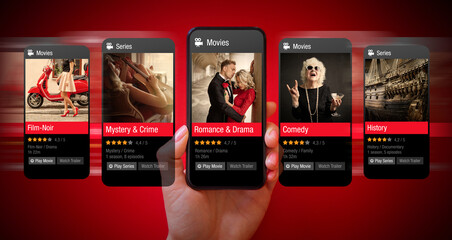 Different movies available for streaming online on mobile phone, cinema ratings and reviews app