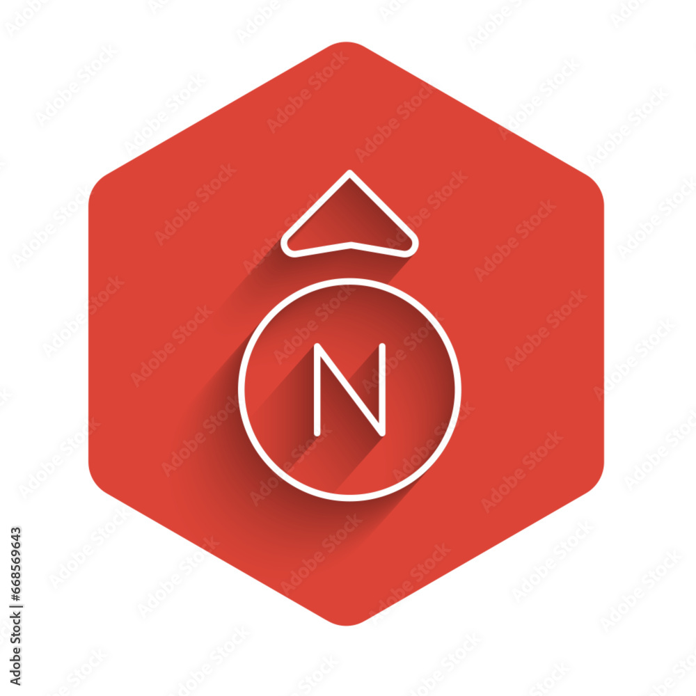 Poster white line compass icon isolated with long shadow background. windrose navigation symbol. wind rose 