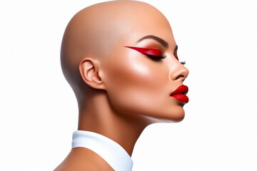 Woman with red lipstick and bald head with white collar. - obrazy, fototapety, plakaty