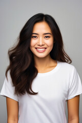 Woman with long hair smiling at the camera with white shirt on.