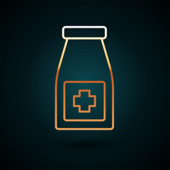 Gold line Medicine bottle and pills icon isolated on dark blue background. Bottle pill sign. Pharmacy design. Vector