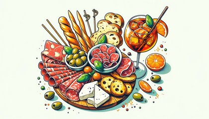 Italian Antipasto Platter with Aperol Spritz Cocktail: Vibrant Illustrated Art