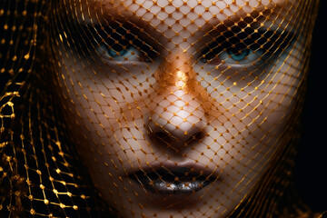 Woman with gold veil over her face and eyes.