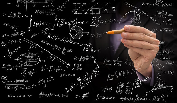 Male hand writing mathematical formulas on blurry background. Science and algebra concept. Double exposure