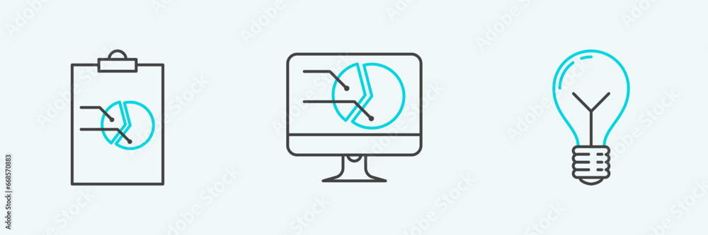 Poster set line light bulb with concept of idea, clipboard graph chart and computer monitor icon. vector