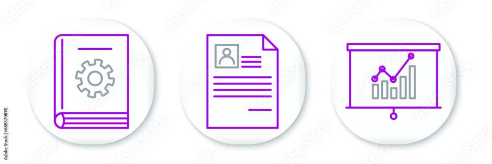 Poster set line board with graph chart, user manual and resume icon. vector