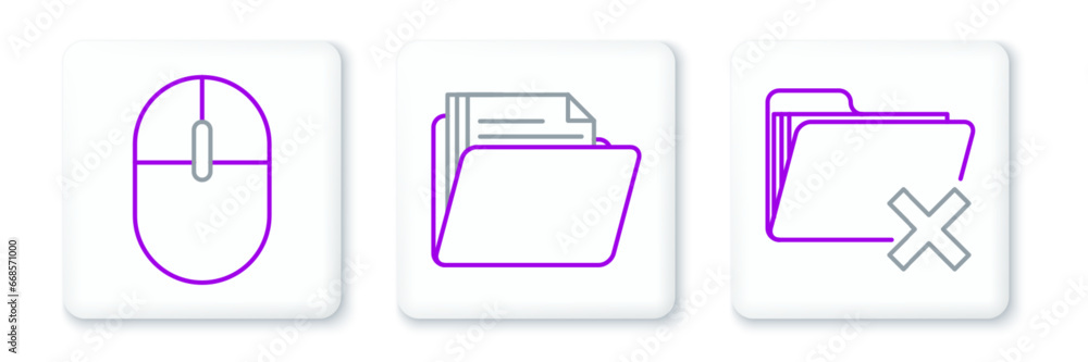 Poster set line delete folder, computer mouse and document icon. vector