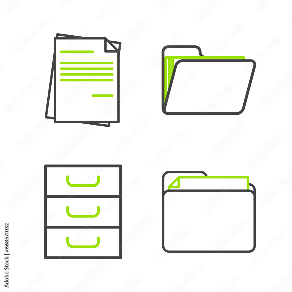 Poster set line document folder, drawer with documents, and file icon. vector