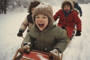 Children tobogganing down a snowy hill, laughter filling the air. - obrazy, fototapety, plakaty