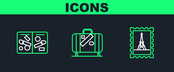 Set line Postal stamp and Eiffel tower, Passport pages with visa stamps and Suitcase for travel stickers icon. Vector