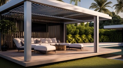 A contemporary pergola with automated louvers and integrated speakers. - obrazy, fototapety, plakaty