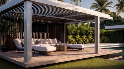 Stof per meter A contemporary pergola with automated louvers and integrated speakers. © Adeel  Hayat Khan