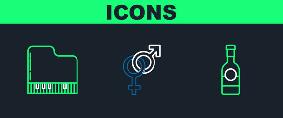 Set line Champagne bottle, Grand piano and Gender icon. Vector