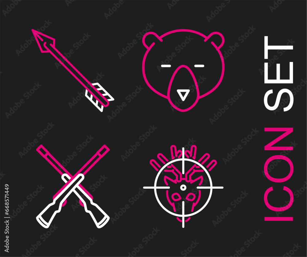 Wall mural Set line Hunt on deer with crosshairs, Two crossed shotguns, Bear head and Hipster arrow icon. Vector