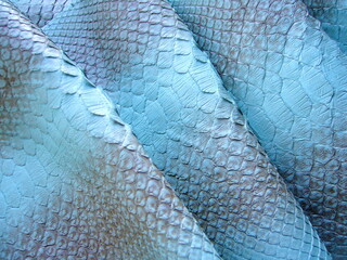 Blue, turquoise snakeskin with scales, genuine leather for clothes, bags. Blue python skin for...