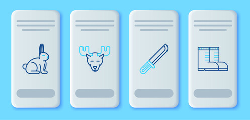 Set line Moose head with horns, Hunter knife, Rabbit and boots icon. Vector