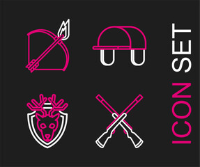 Set line Two crossed shotguns, Deer head with antlers on shield, Hunter hat and Bow and fire arrow icon. Vector
