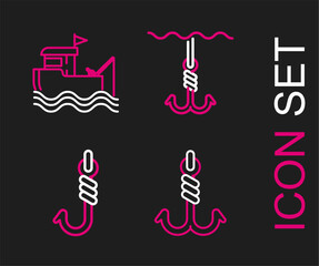 Set line Fishing hook, under water and boat with fishing rod on icon. Vector