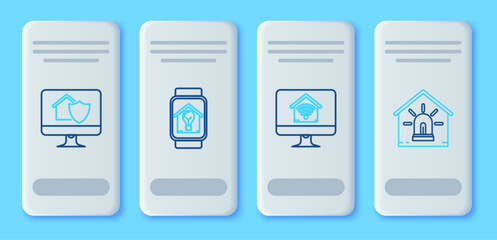 Set line Smart watch with smart house and light bulb, Computer monitor home wi-fi, under protection and alarm icon. Vector