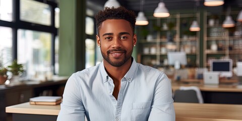 Fototapeta premium Portrait of African American professional businessman with blond hair looking at camera. Modern corporate office workplace scene.