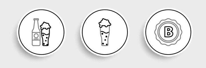 Set line Bottle cap with inscription beer, Beer bottle and glass and Glass of icon. Vector