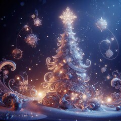 Illustration of a magical elegant Christmas tree with gifts. AI generated image.