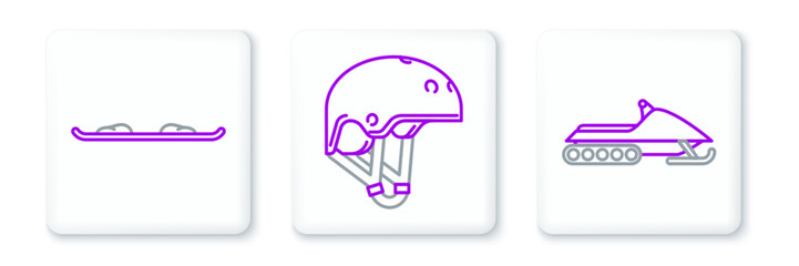 Set line Snowmobile, Snowboard and Helmet icon. Vector