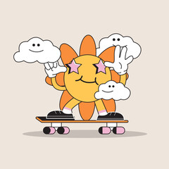 Free vector illustration of sunflower riding a retro skateboard