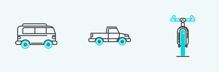 Set line Bicycle, Retro minivan and Pickup truck icon. Vector