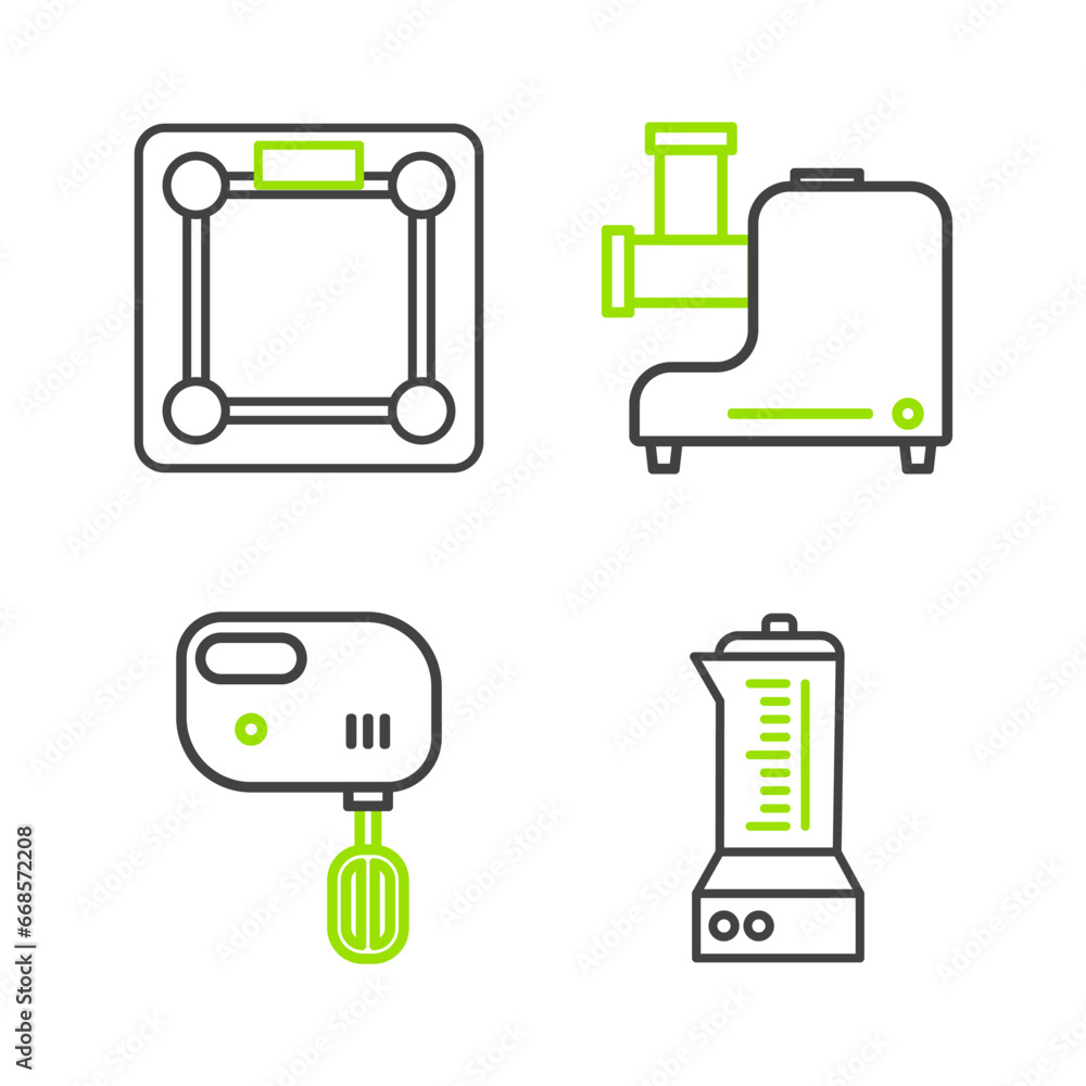 Sticker Set line Blender, Electric mixer, Kitchen meat grinder and Bathroom scales icon. Vector