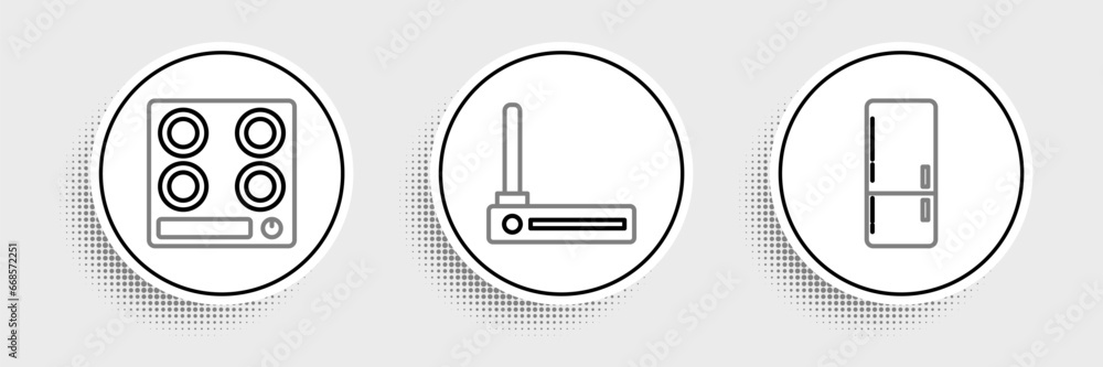 Sticker set line refrigerator, gas stove and router and wi-fi signal icon. vector