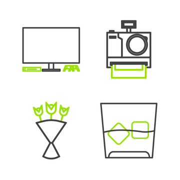 Set line Glass of whiskey and ice cubes, Bouquet flowers, Photo camera and Video game console icon. Vector