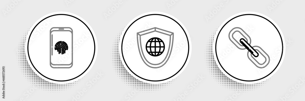 Sticker Set line Chain link, Smartphone with fingerprint scanner and Shield world globe icon. Vector