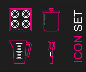 Set line Spatula, Measuring cup, Cooking pot and Gas stove icon. Vector